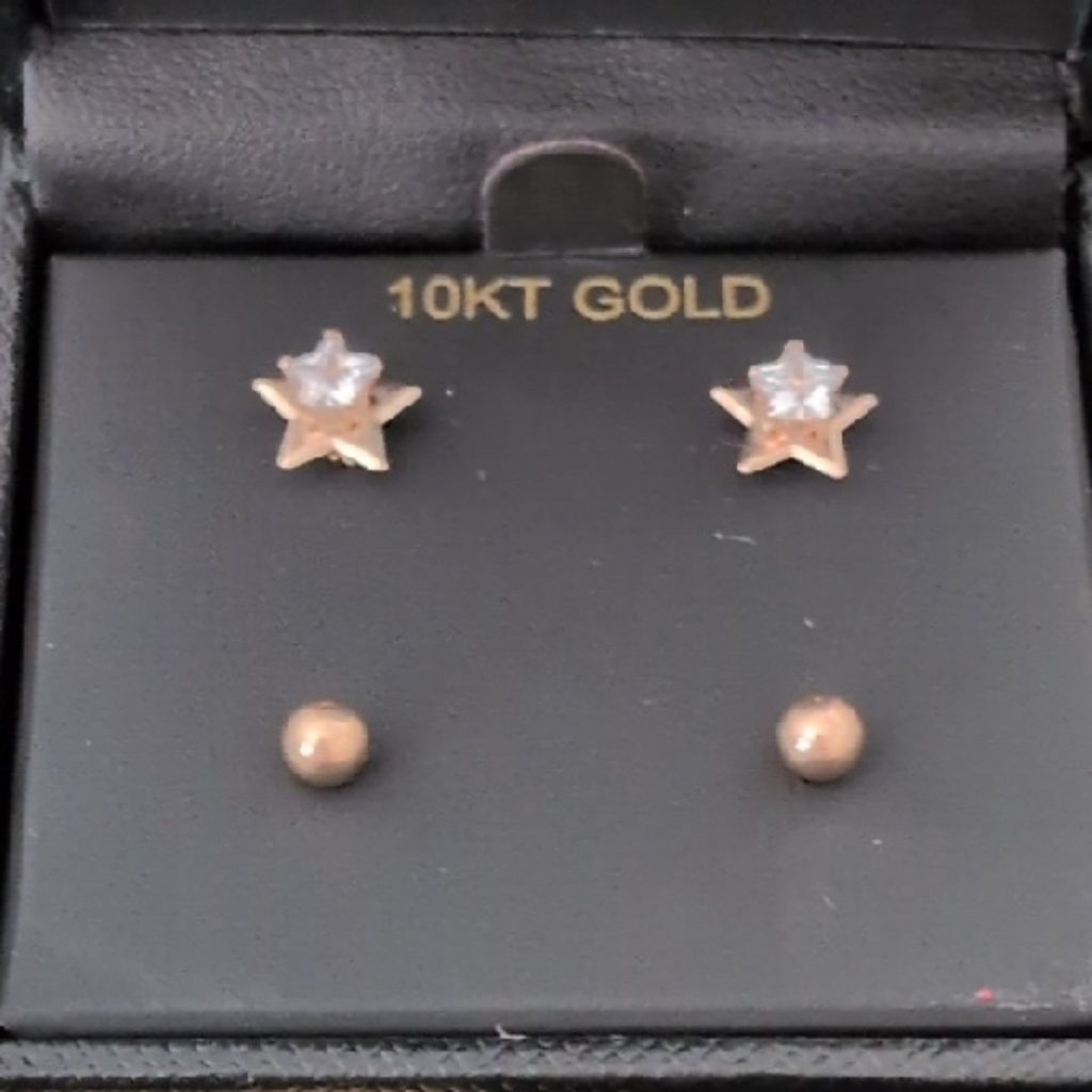 10 K Gold Earrings Set Bright Shining Gold Star Earrings & Ball Earrings